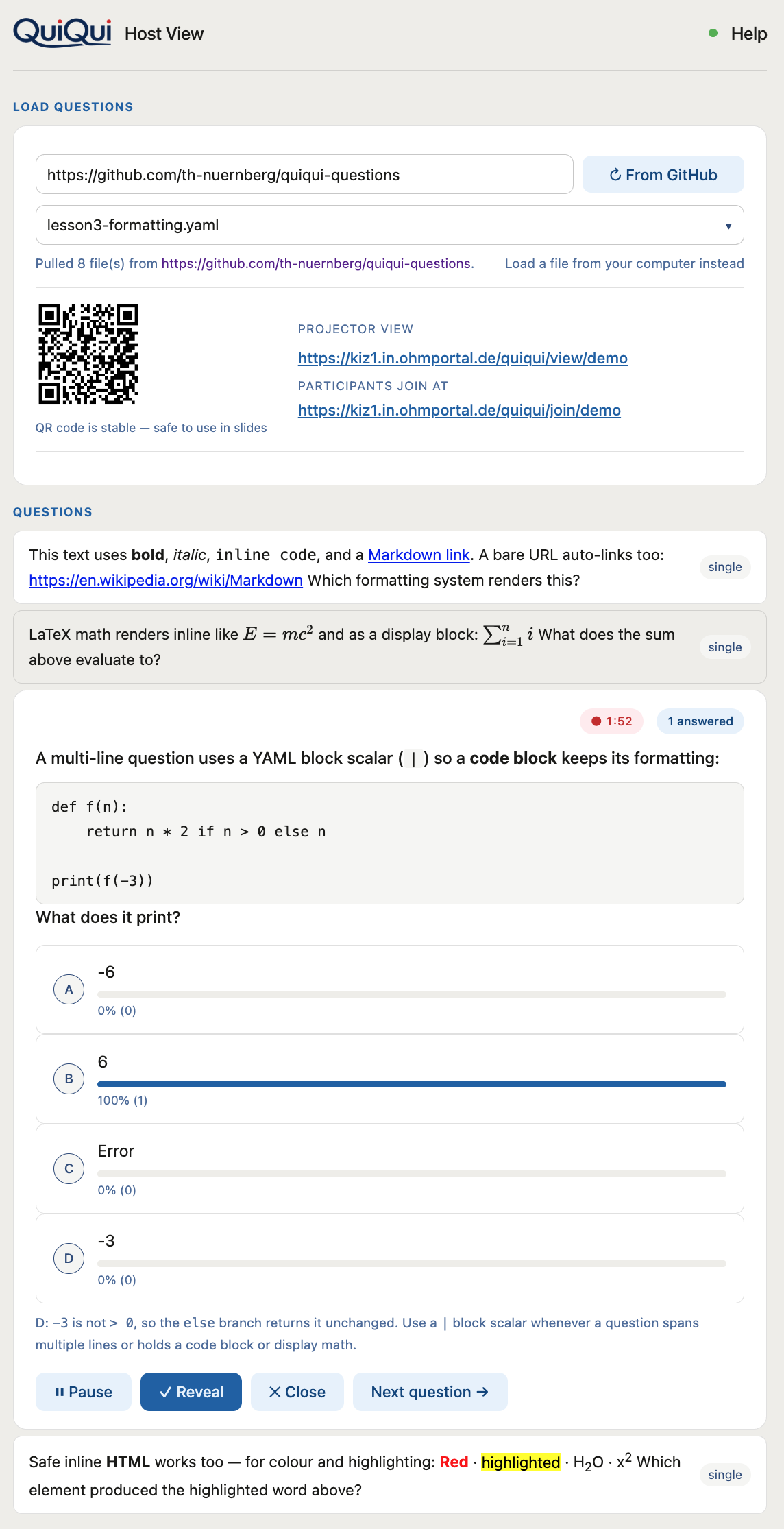 Host view showing question list and live bar chart