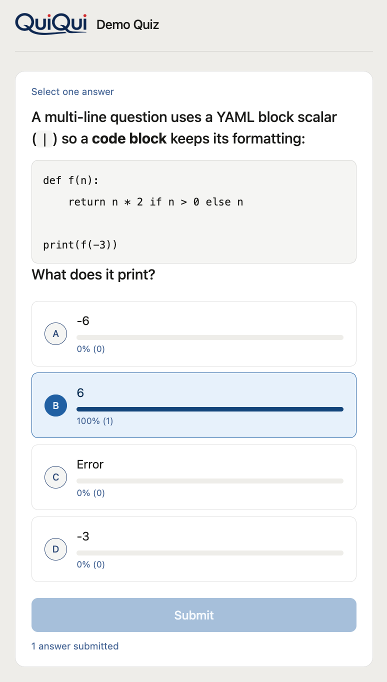 Participant view showing a question with answer options